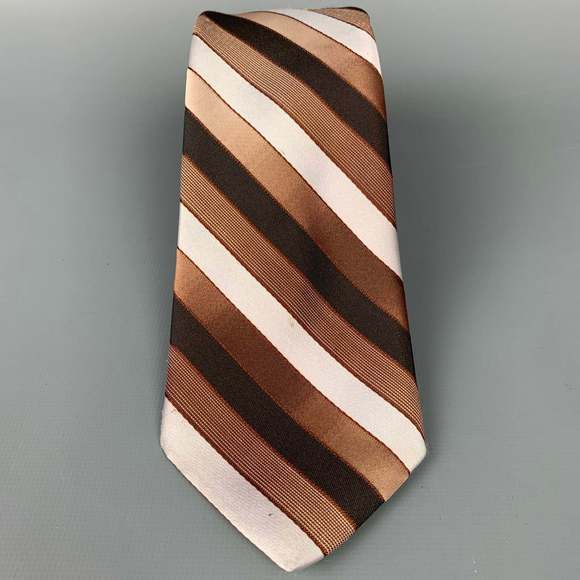 VINTAGE Brown & White Diagonal Stripe Silk Tie - Picture 2 of 3